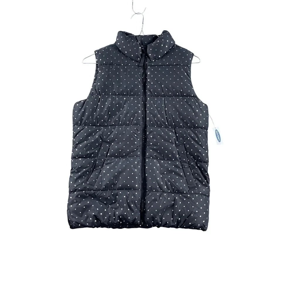 Old Navy Girls XL 14-16 Puffer Vest Black Polka Dot Fleece Lined Outerwear